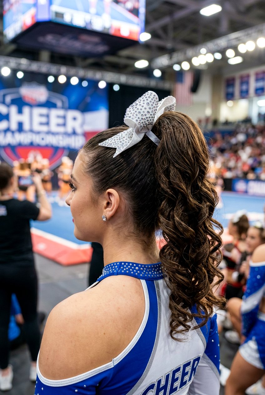 Cheer Ponytail With Rhinestone Bow And Curls - 20 cheer ponytail with curls - 20 cheer ponytail with curls