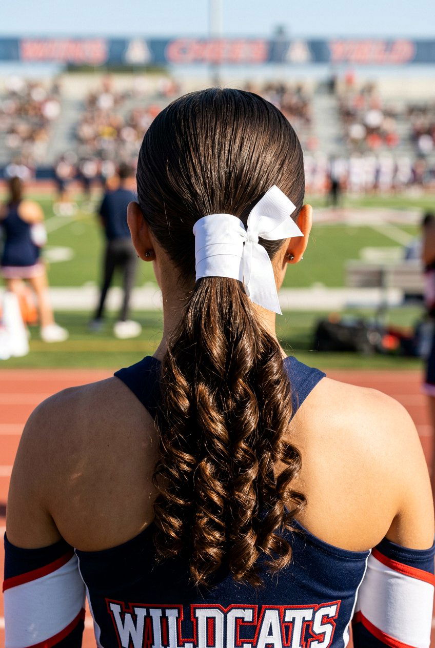 Cheer Ponytail With Ribbon Wrapped Base And Curls - 20 cheer ponytail with curls - 20 cheer ponytail with curls