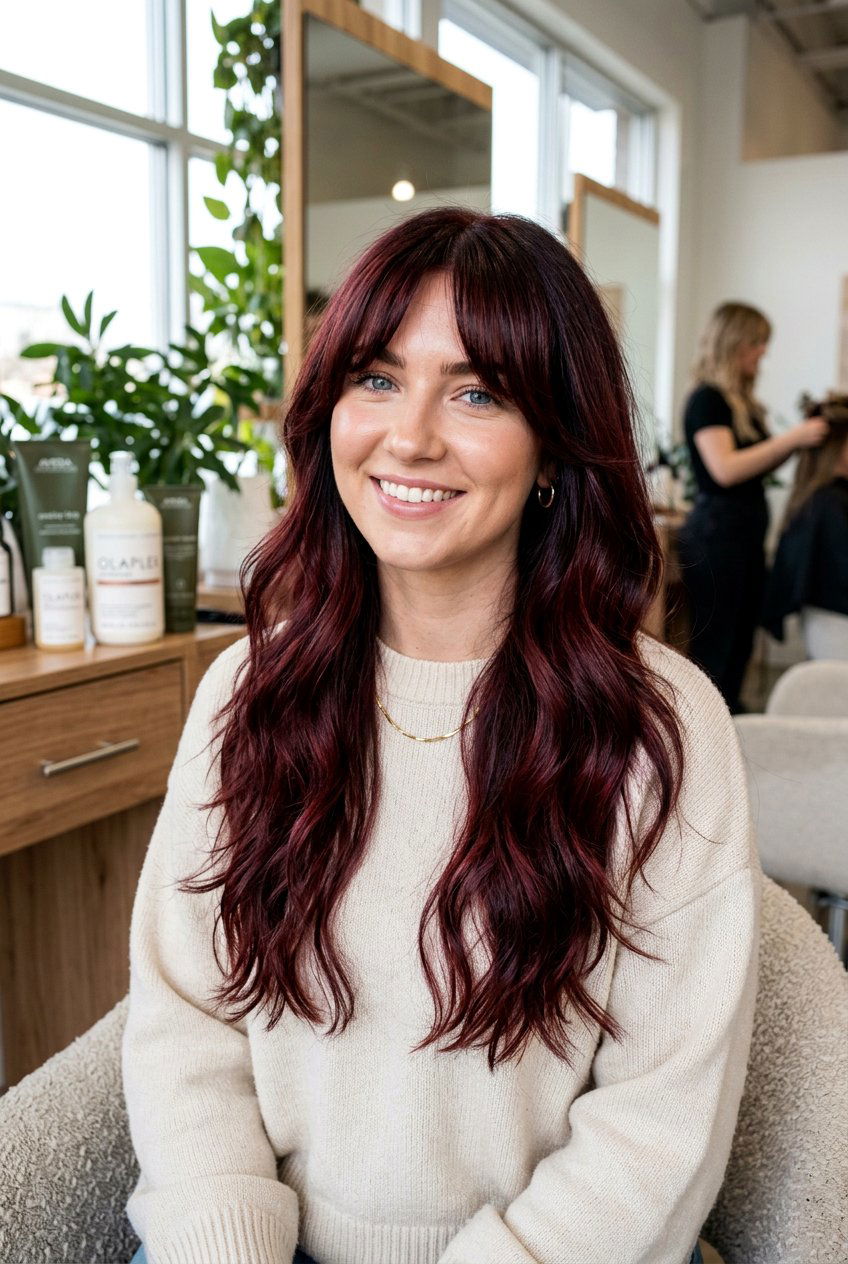 Cherry Cola Balayage on Curtain Bangs and Layers - 20 cherry cola balayage hair - 20 cherry cola balayage hair