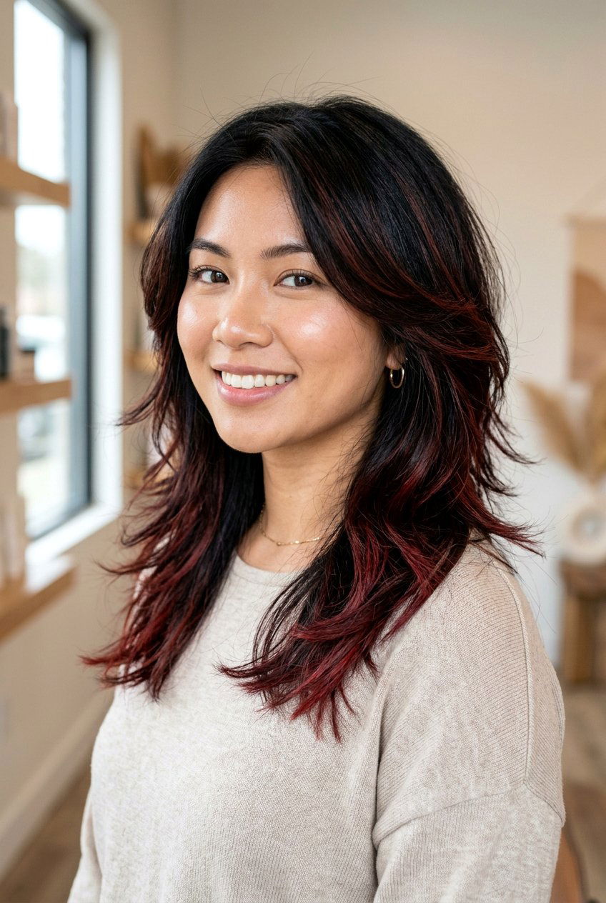 Cherry Cola Highlights On Layered Black Hair - 20 cherry cola highlights on black hair - 20 cherry cola highlights on black hair