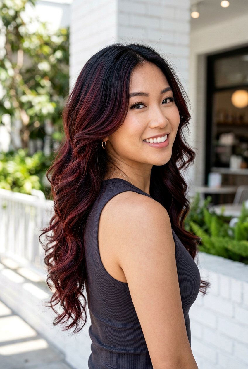 Cherry Cola Highlights On Long Black Hair - 20 cherry cola highlights on black hair - 20 cherry cola highlights on black hair