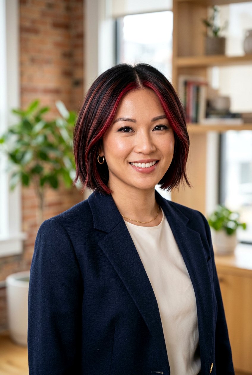 Cherry Cola Highlights On Short Black Bob - 20 cherry cola highlights on black hair - 20 cherry cola highlights on black hair