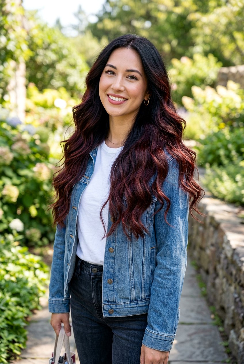 Cherry Cola Highlights On Wavy Black Hair - 20 cherry cola highlights on black hair - 20 cherry cola highlights on black hair