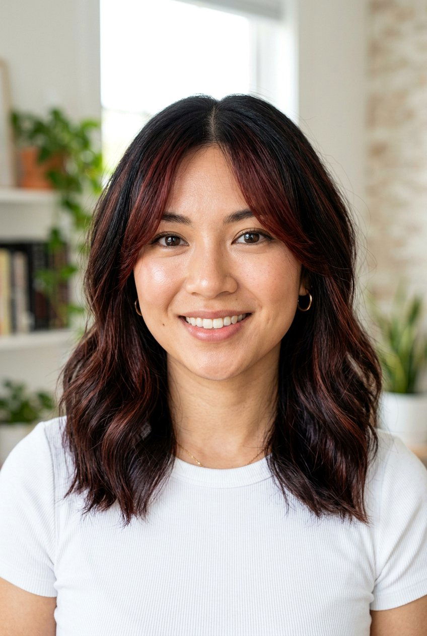 Cherry Cola Highlights With Curtain Bangs On Black Hair - 20 cherry cola highlights on black hair - 20 cherry cola highlights on black hair