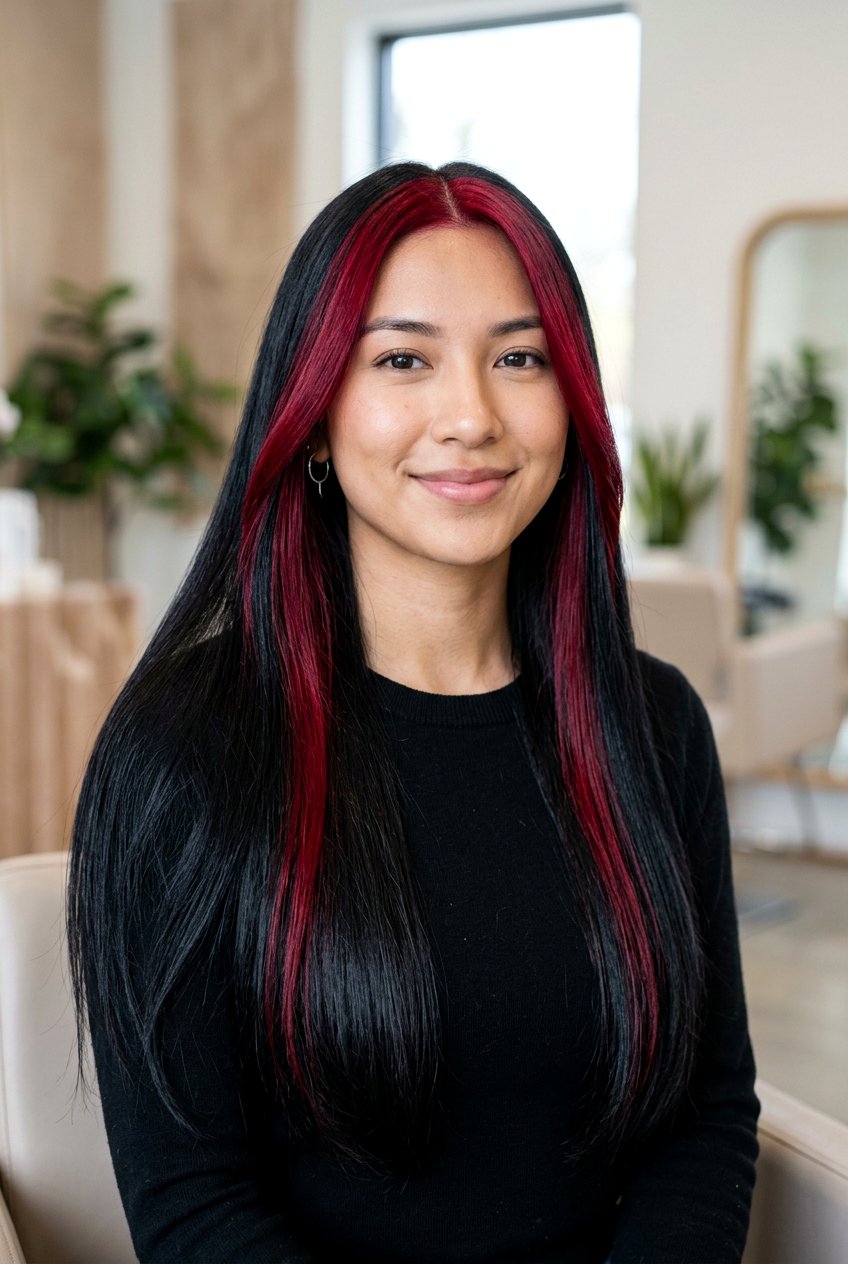 Cherry Cola Money Piece On Black Hair - 20 cherry cola highlights on black hair - 20 cherry cola highlights on black hair