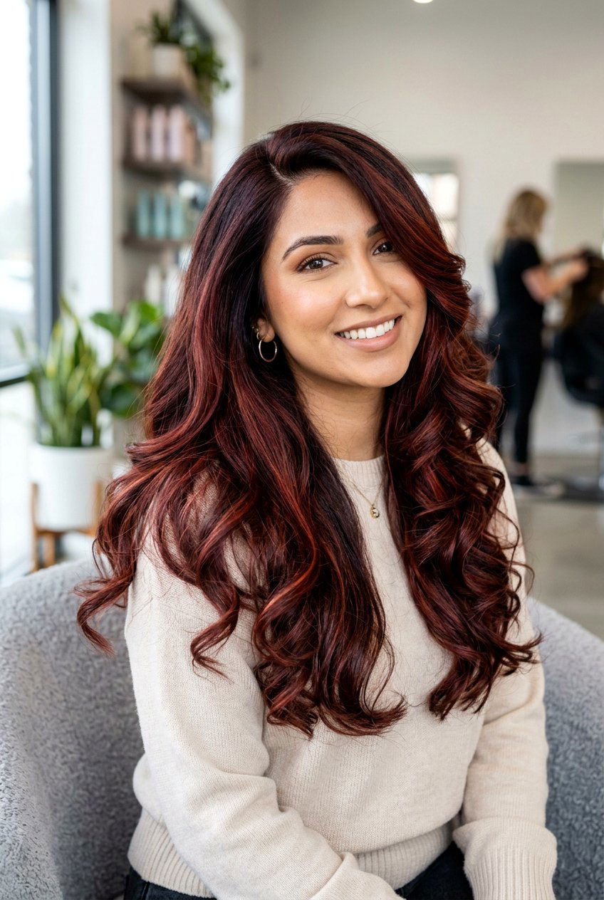 Cherry Mahogany Balayage On Long Layers - 20 cherry mahogany balayage - 20 cherry mahogany balayage