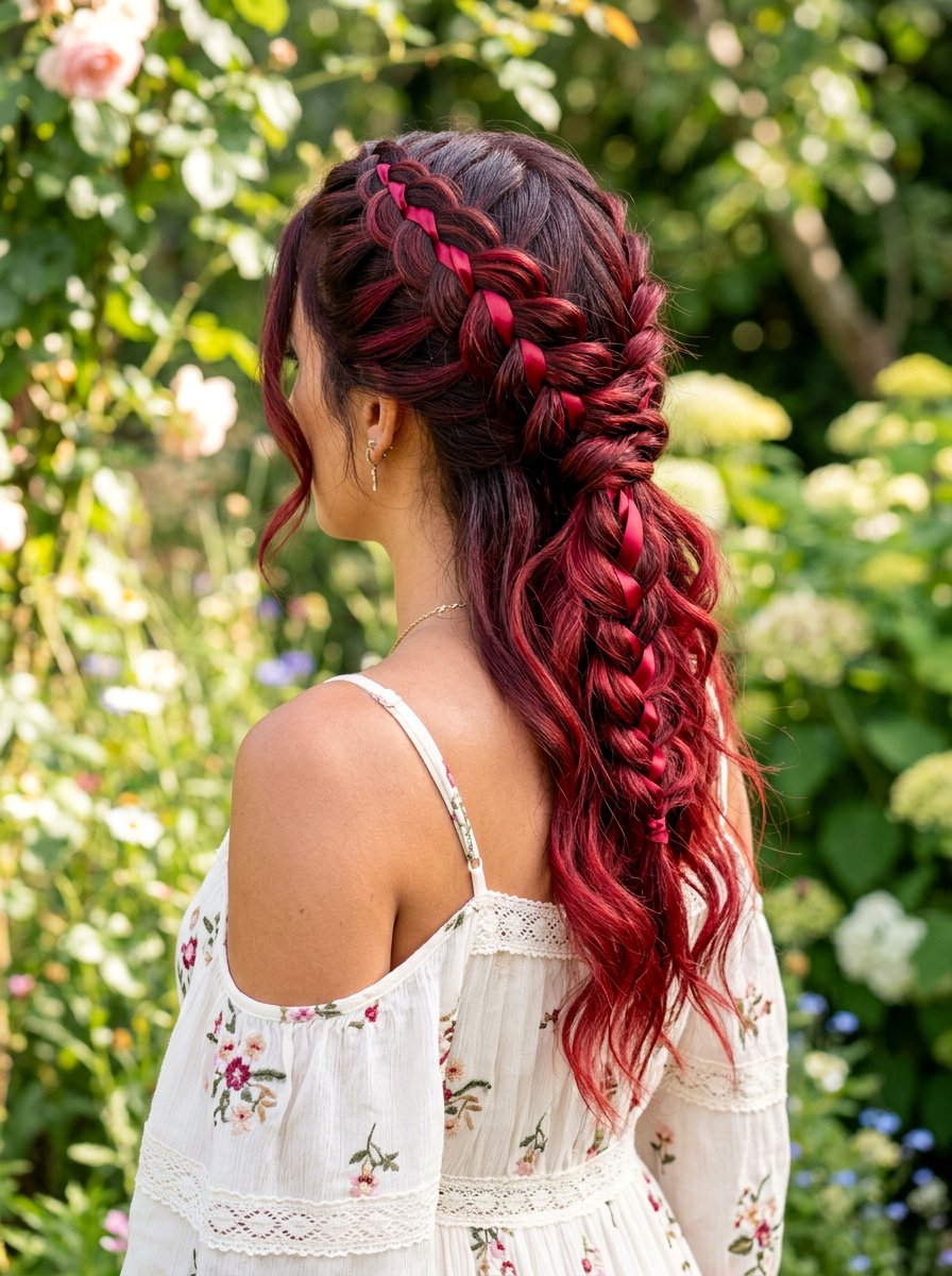 Cherry Red Balayage On Braided Hairstyle - 20 cherry red balayage for summer - 20 cherry red balayage for summer