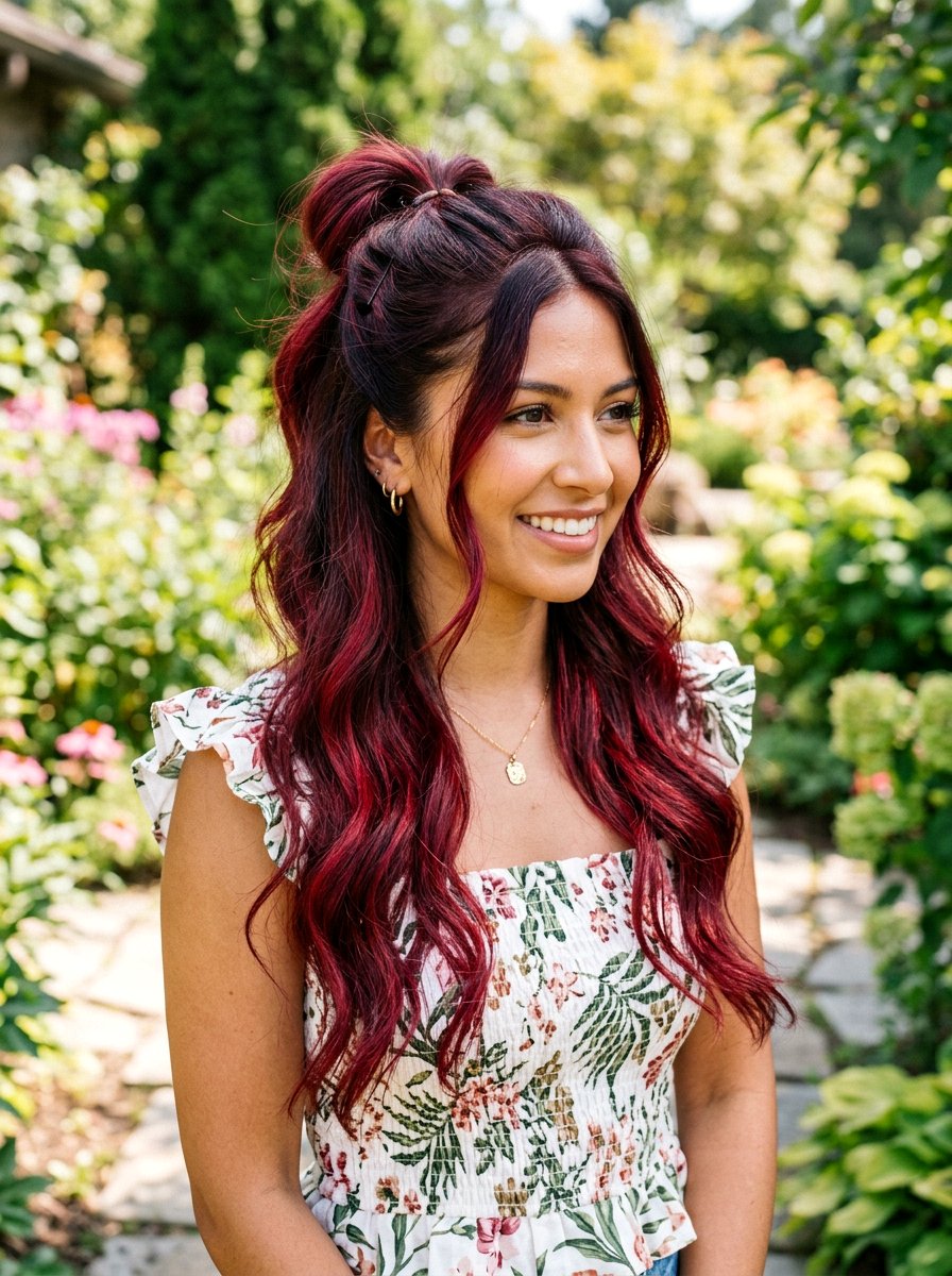 Cherry Red Balayage On Half Up Half Down Hairstyle - 20 cherry red balayage for summer - 20 cherry red balayage for summer