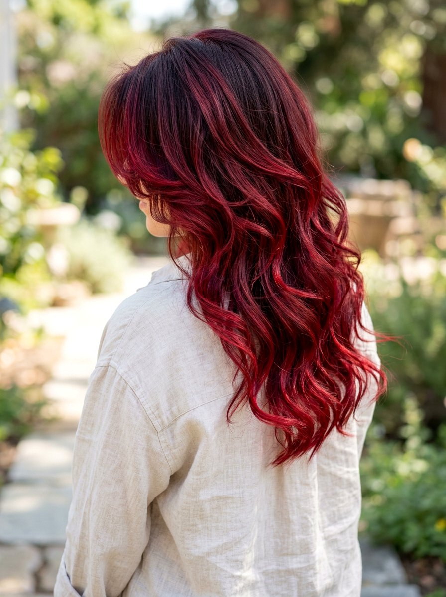 Cherry Red Balayage On Layered Haircut - 20 cherry red balayage for summer - 20 cherry red balayage for summer