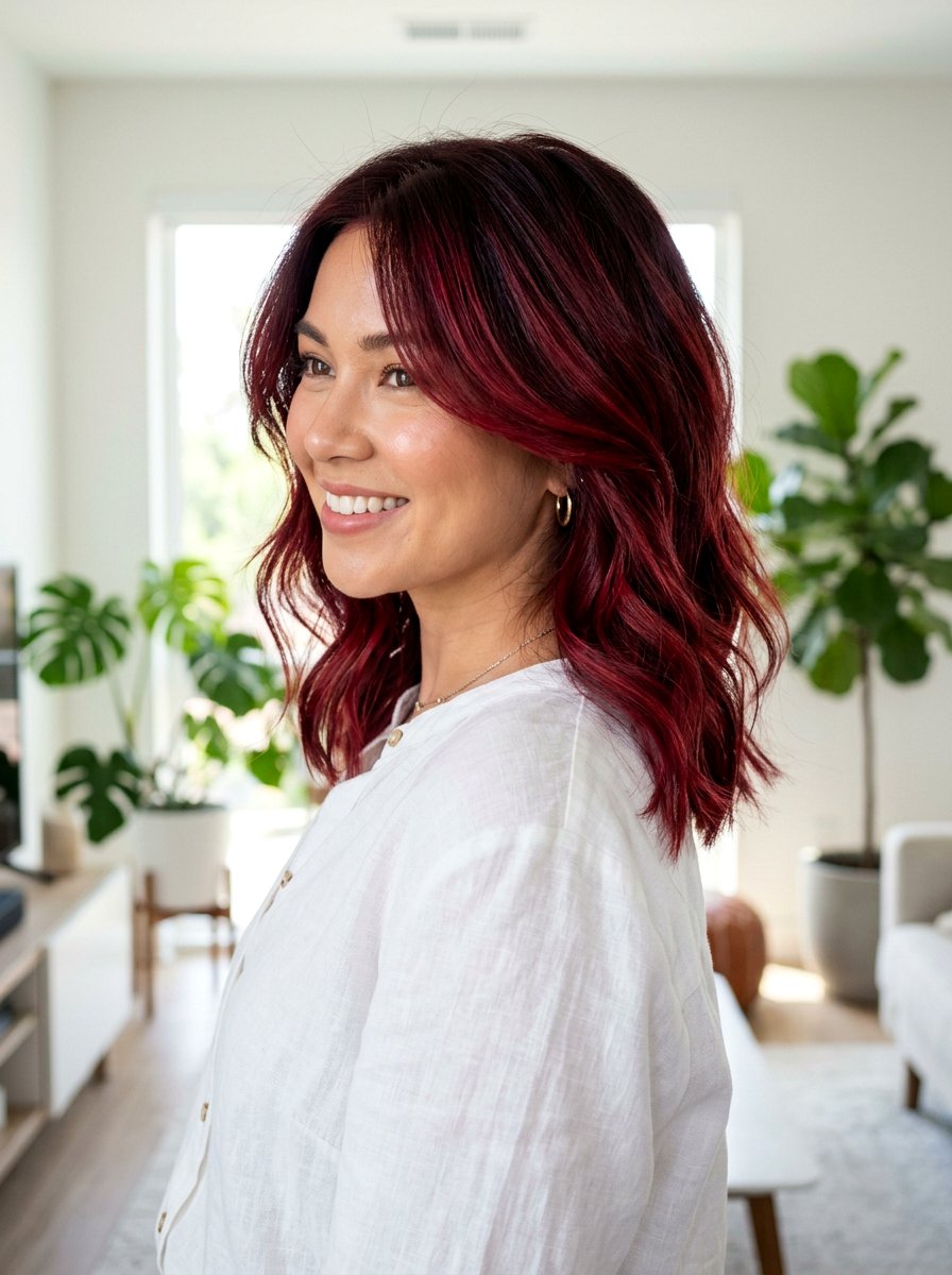Cherry Red Balayage On Lob Haircut - 20 cherry red balayage for summer - 20 cherry red balayage for summer
