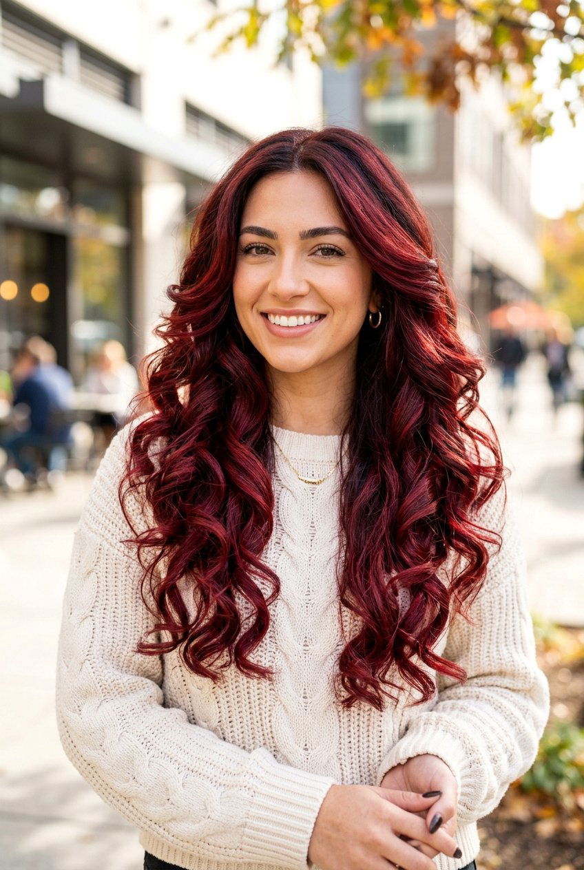 Cherry Red Balayage On Long Layered Hair - 20 cherry red balayage - 20 cherry red balayage