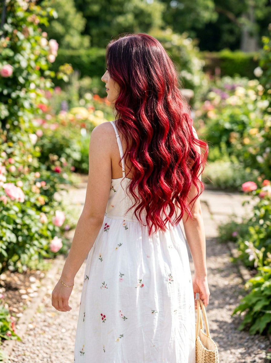 Cherry Red Balayage On Long Wavy Hair - 20 cherry red balayage for summer - 20 cherry red balayage for summer