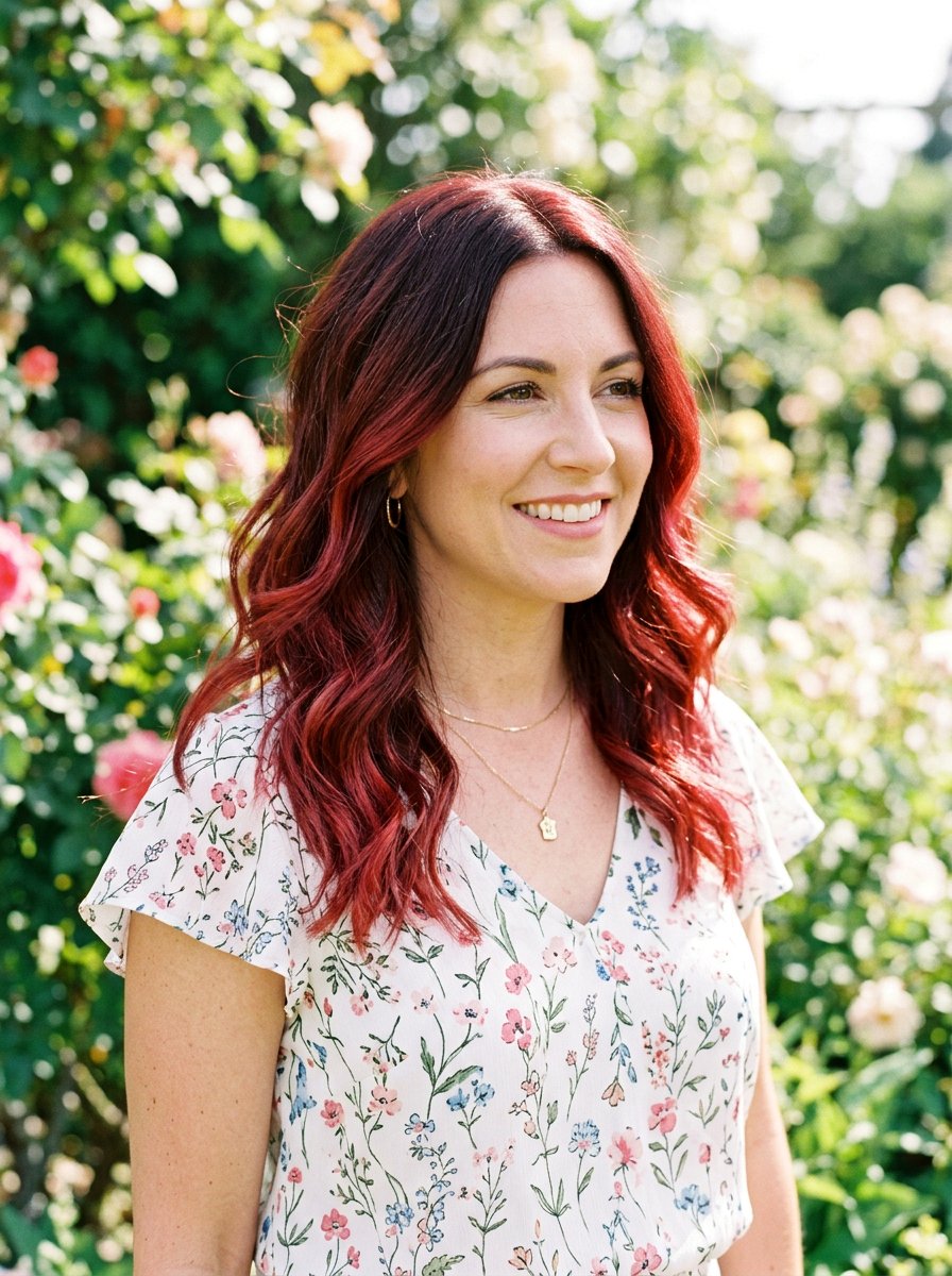 Cherry Red Balayage On Shoulder Length Hair - 20 cherry red balayage for summer - 20 cherry red balayage for summer