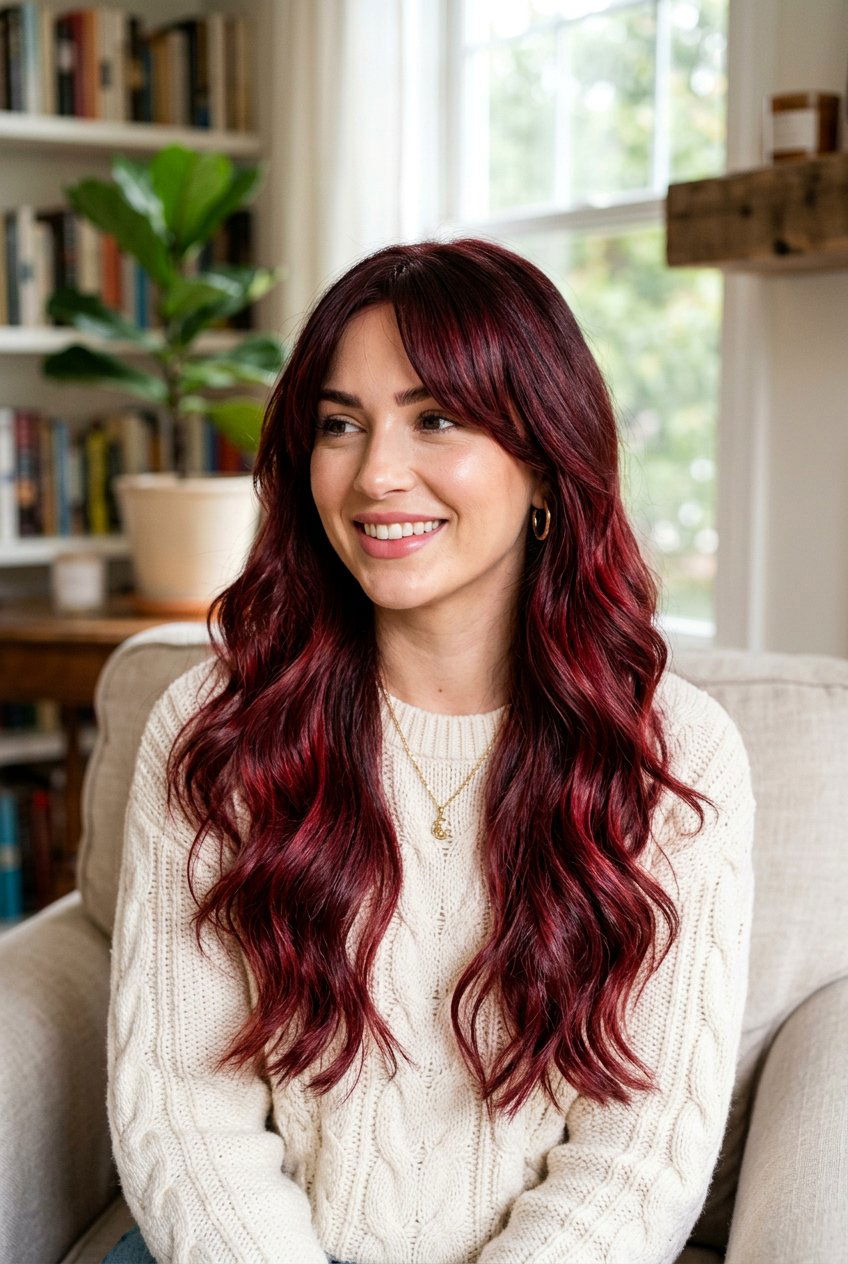 Cherry Red Balayage With Curtain Bangs - 20 cherry red balayage - 20 cherry red balayage