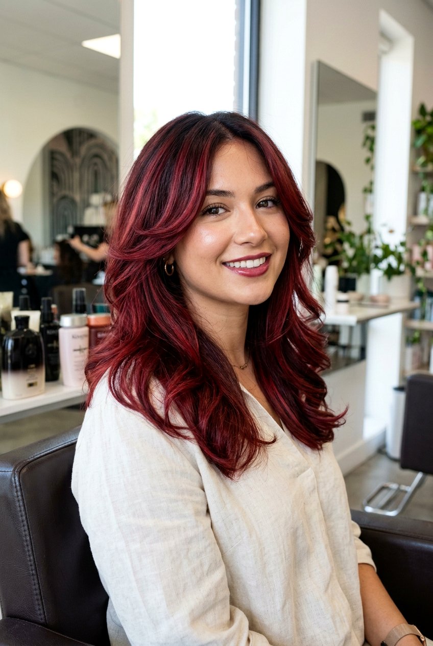 Cherry Red Balayage With Face Framing Layers - 20 cherry red balayage - 20 cherry red balayage