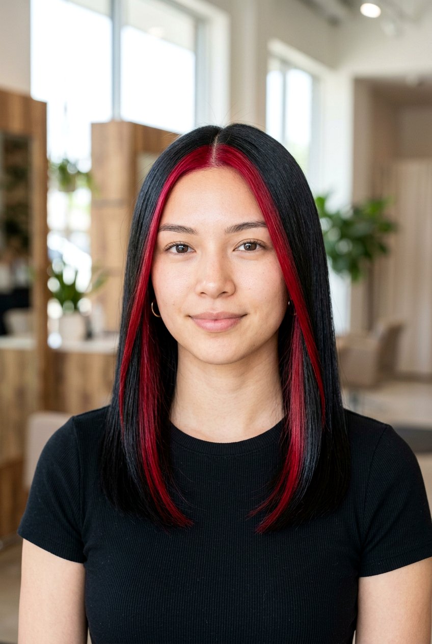 Cherry Red Money Piece Black Hair - 20 black hair with red highlights - 20 black hair with red highlights