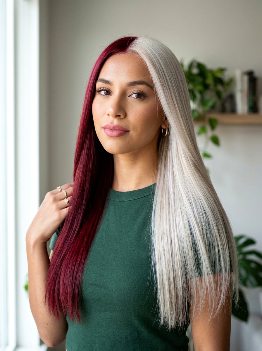 Cherry Red and Platinum Blonde Split Dye - 20 red and blonde split dye hair