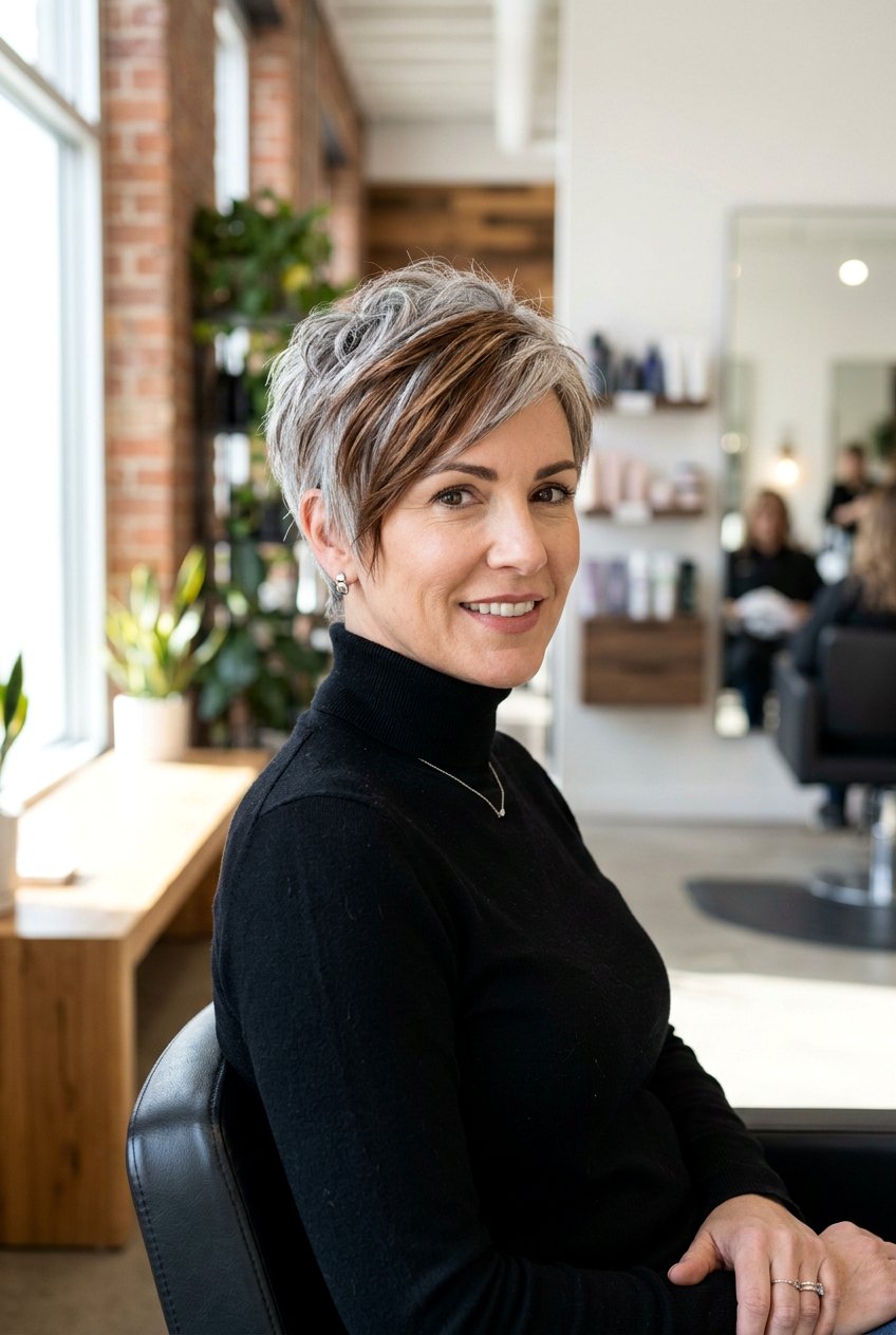 Chestnut Brown Balayage On Silver Pixie Cut - 20 warm chestnut highlights for mature women - 20 warm chestnut highlights for mature women