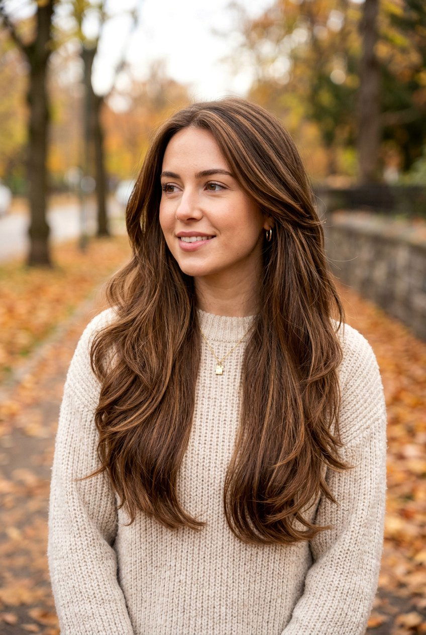 Chestnut Brown Ribbon Highlights On Long Layers - 20 brunette ribbons for long layered hair - 20 brunette ribbons for long layered hair