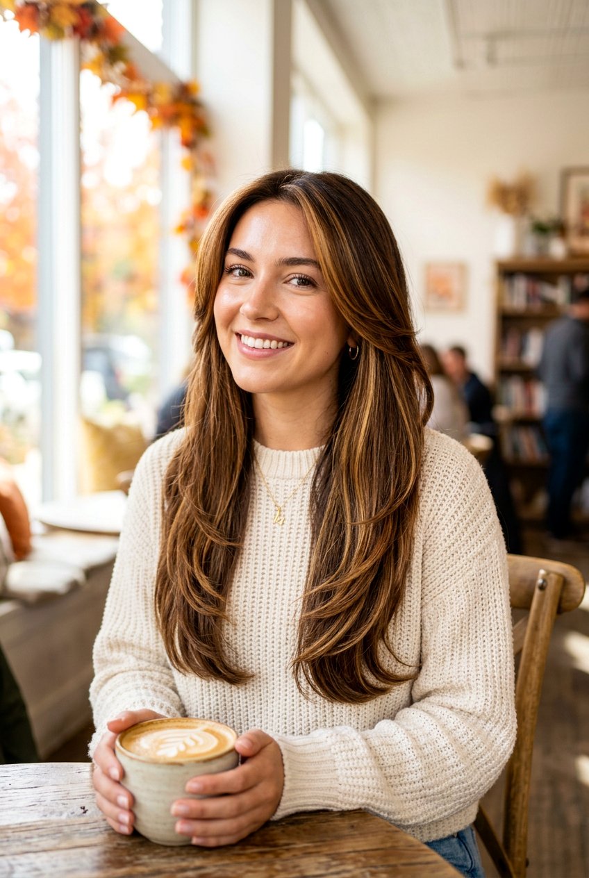 Chestnut Brown With Golden Highlights - 20 hair color ideas for long layered hair - 20 hair color ideas for long layered hair