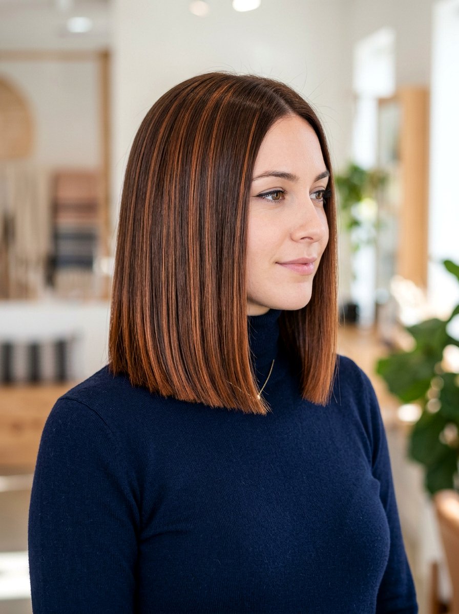 Chestnut Brunette With Copper Ribbons Blunt Cut - 20 chestnut brunette with copper ribbons - 20 chestnut brunette with copper ribbons