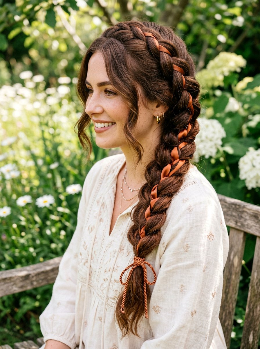 Chestnut Brunette With Copper Ribbons Braided Hairstyle - 20 chestnut brunette with copper ribbons - 20 chestnut brunette with copper ribbons