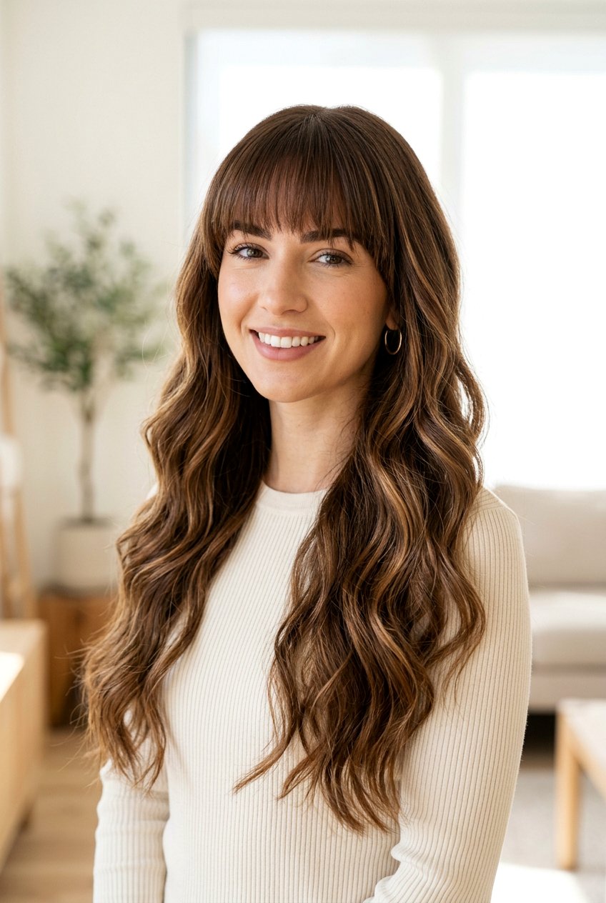 Chestnut Caramel Ribbons On Long Hair With Bangs - 20 chestnut caramel ribbons hair - 20 chestnut caramel ribbons hair