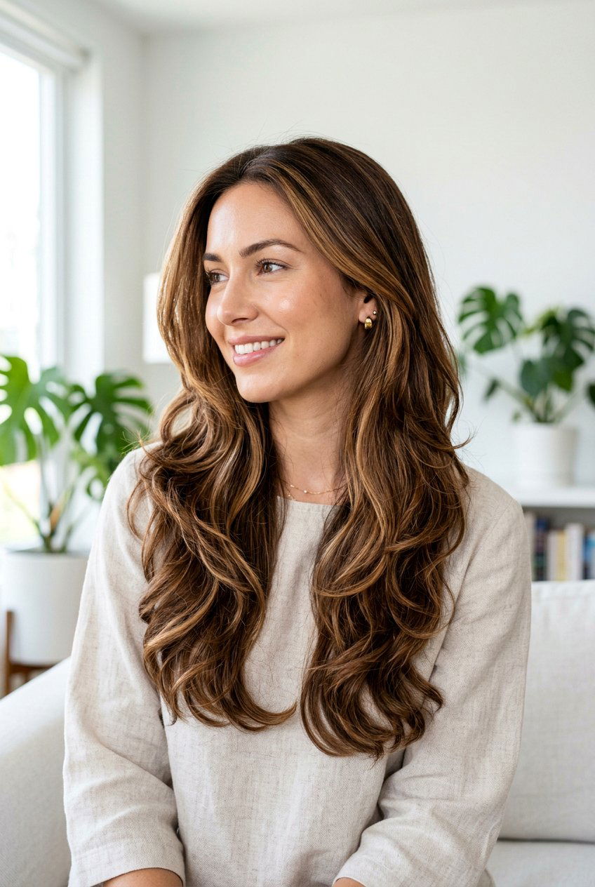 Chestnut Caramel Ribbons On Long Layers - 20 chestnut caramel ribbons hair - 20 chestnut caramel ribbons hair