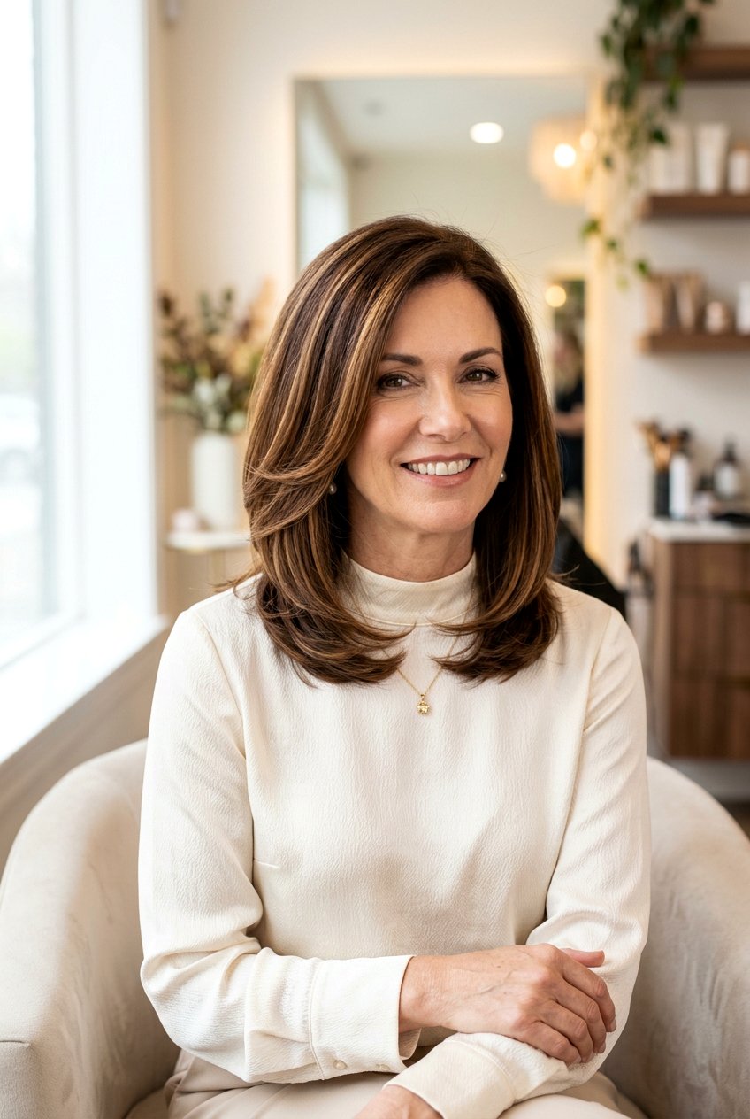 Chestnut Caramel Ribbons On Soft Layers For Mature Women - 20 chestnut caramel ribbons hair - 20 chestnut caramel ribbons hair