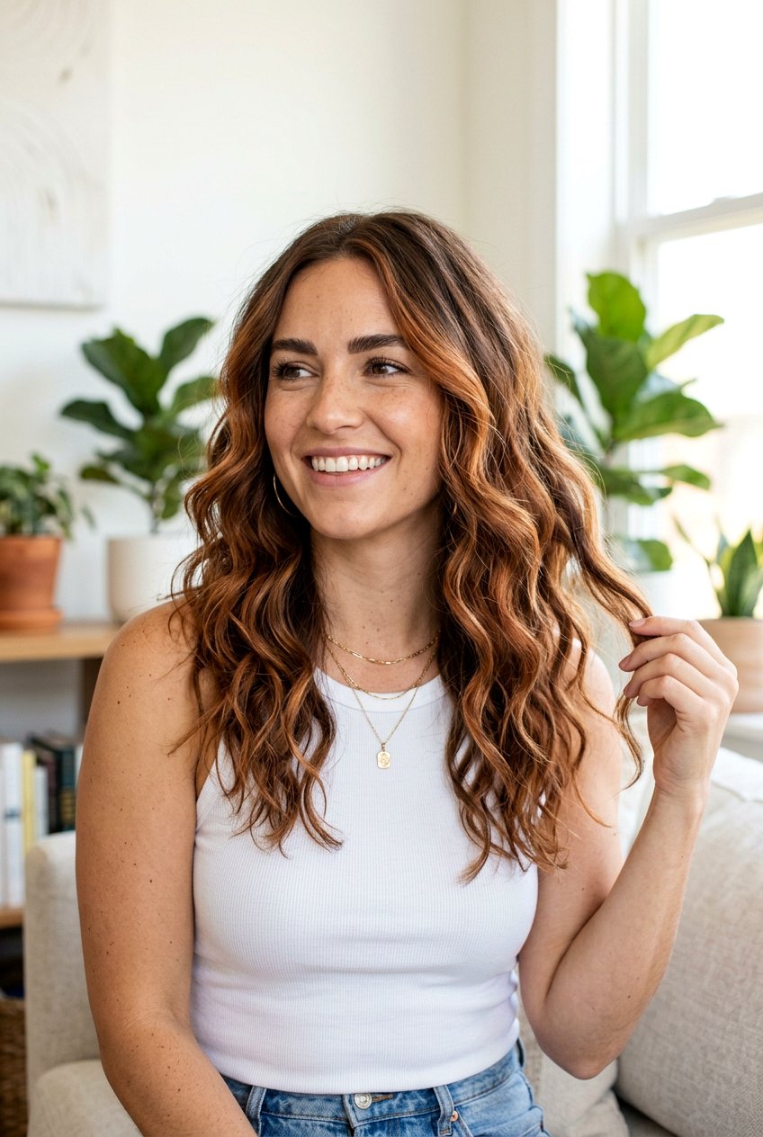 Chestnut Copper Balayage With Beach Waves - 20 chestnut copper balayage - 20 chestnut copper balayage