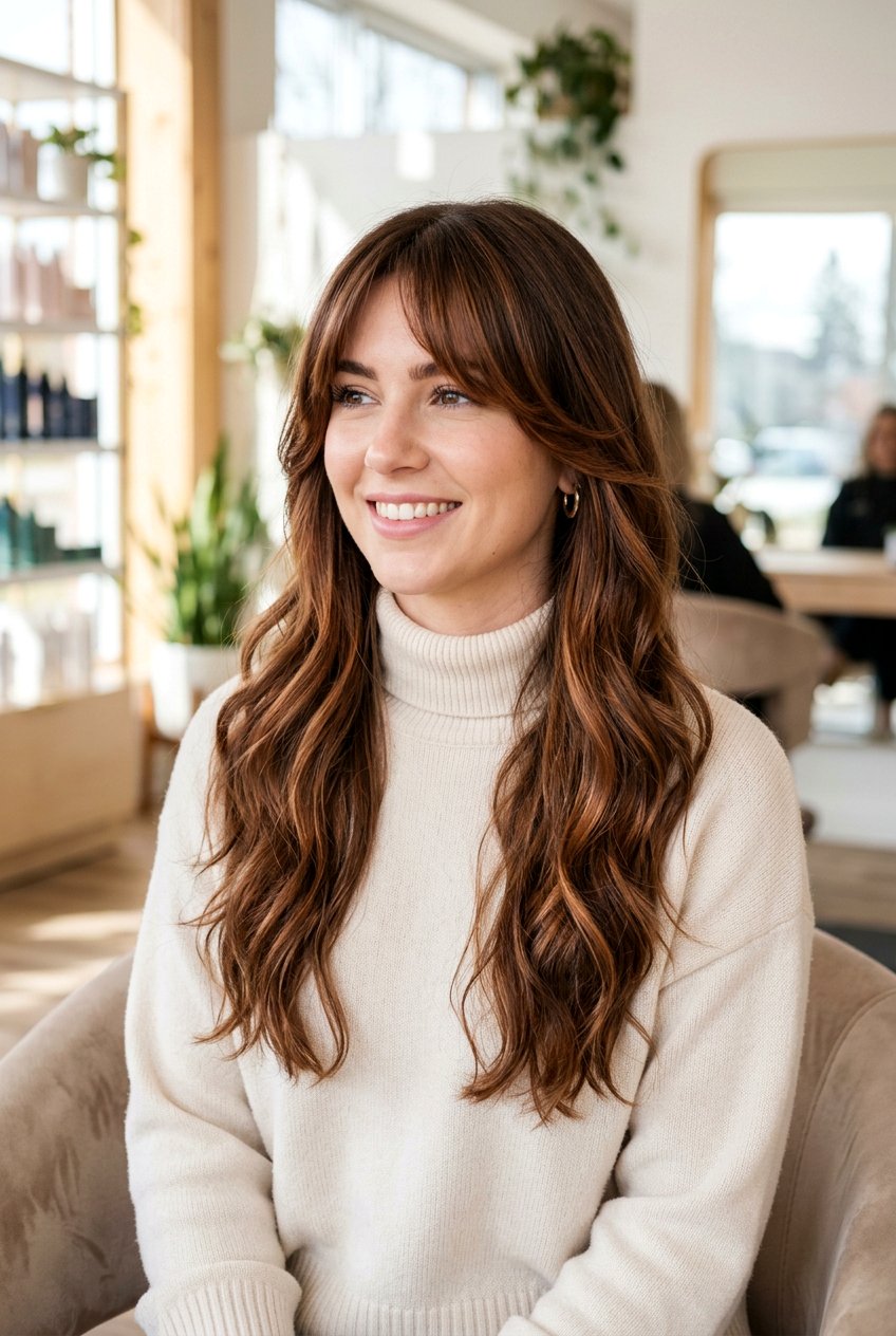 Chestnut Copper Balayage With Curtain Bangs - 20 chestnut copper balayage - 20 chestnut copper balayage