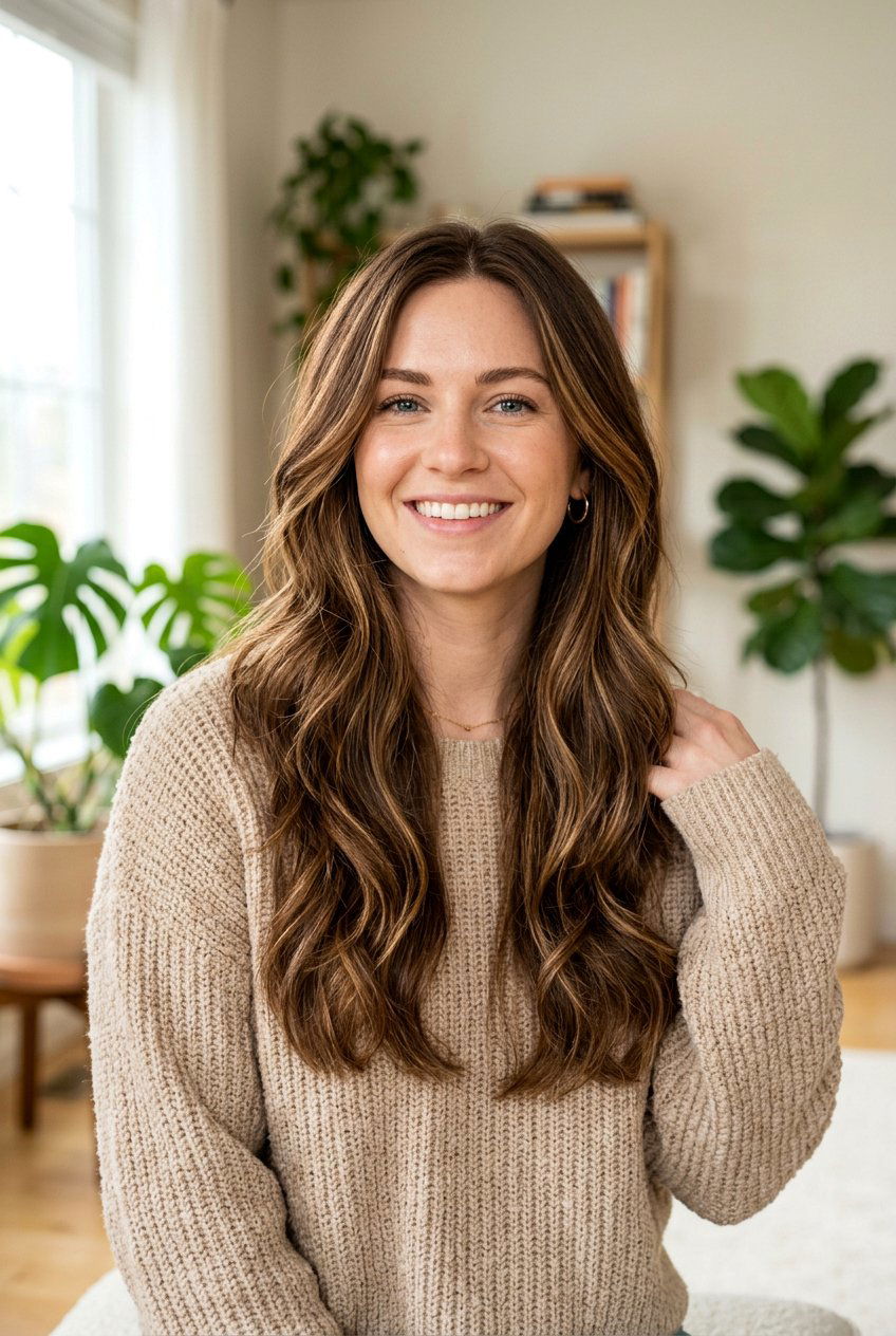 Chestnut Long Layers With Honey Babylights - 20 brunette babylights for fine hair women - 20 brunette babylights for fine hair women