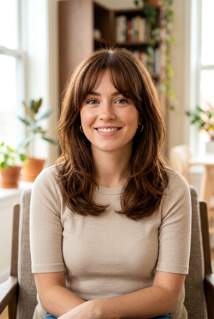 Chestnut Teddy Bear Brunette with Curtain Bangs - 20 teddy bear brunette hair - 20 teddy bear brunette hair