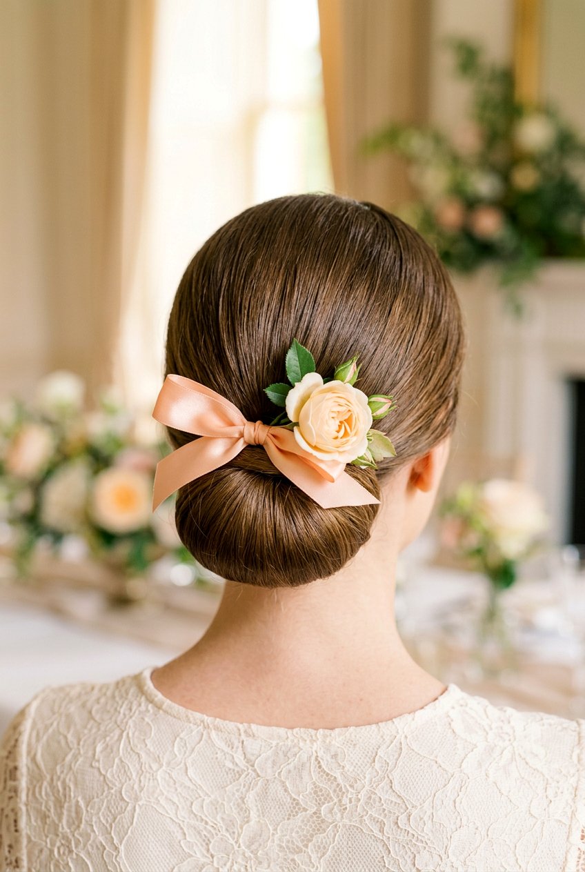 Chignon Bun With Flower Bow - 20 coquette bow bun hairstyle - 20 coquette bow bun hairstyle