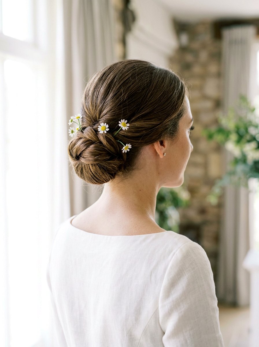 Chignon With Daisy Pins - 20 wedding hairstyles with flowers - 20 wedding hairstyles with flowers