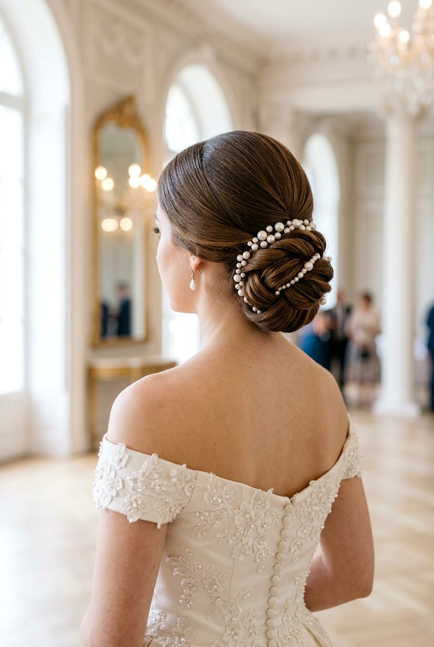 Chignon With Pearl Pins - 20 prom hairstyle for long thick straight hair - 20 prom hairstyle for long thick straight hair