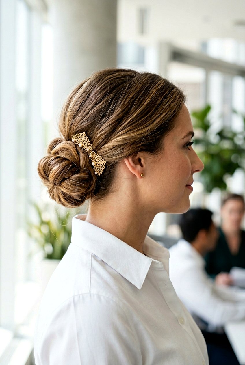 Chignon With Pins - 20 quick hairstyle for office mornings - 20 quick hairstyle for office mornings