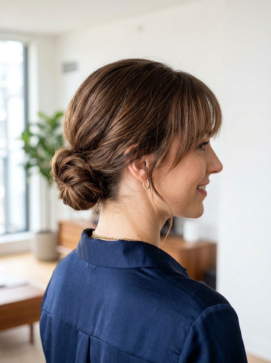 Chignon With Wispy Bangs - 20 office hairstyle for women with bangs - 20 office hairstyle for women with bangs