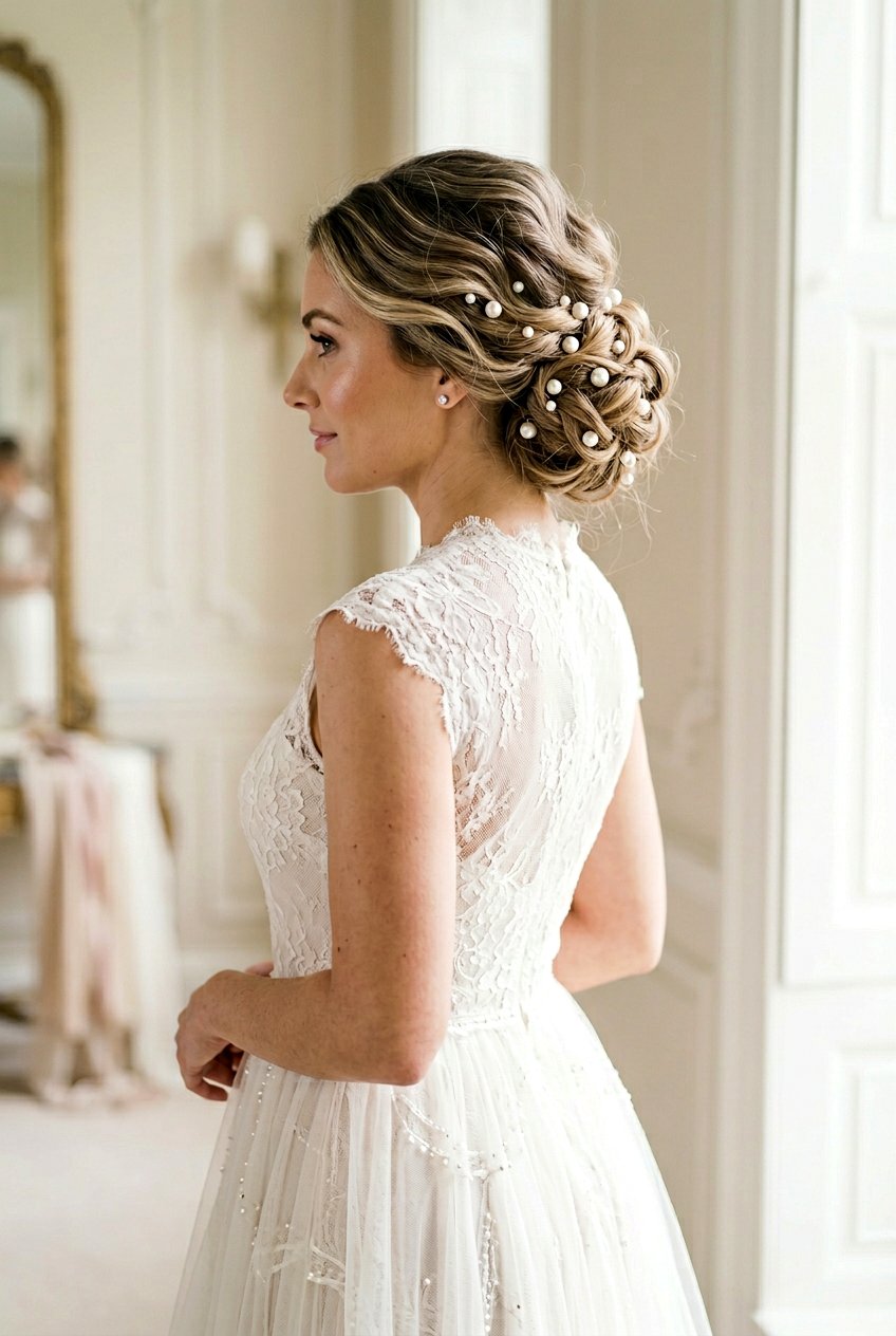 Chignon with Pearl Pins - 20 bridal hairstyle for thick wavy hair - 20 bridal hairstyle for thick wavy hair
