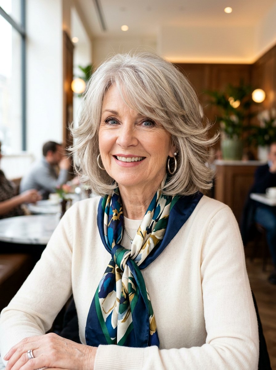 Chin Length Feathered Lob - 20 soft feathered lob for older women - 20 soft feathered lob for older women