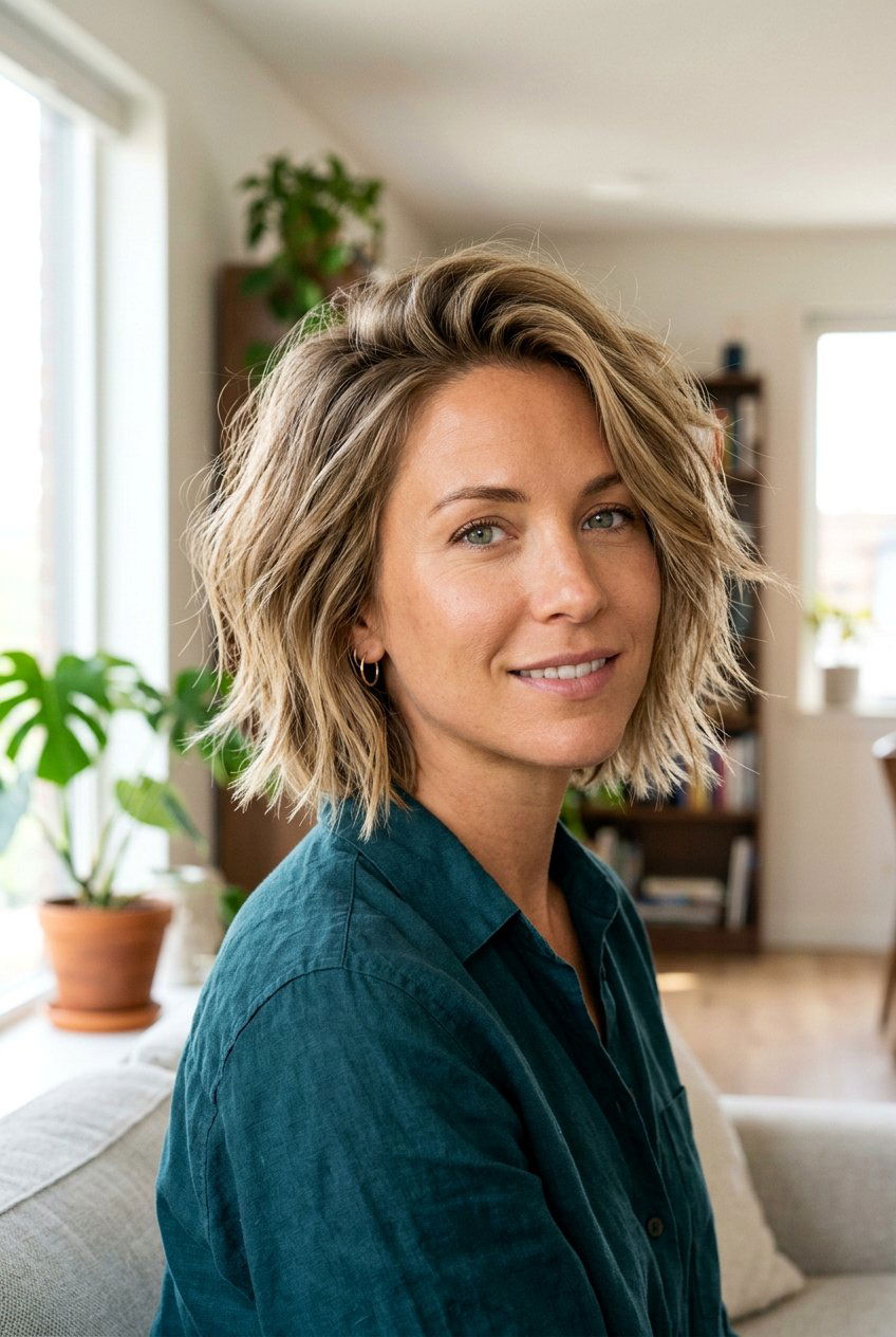 Chin Length Textured Cut - 20 haircuts for square face shape - 20 haircuts for square face shape