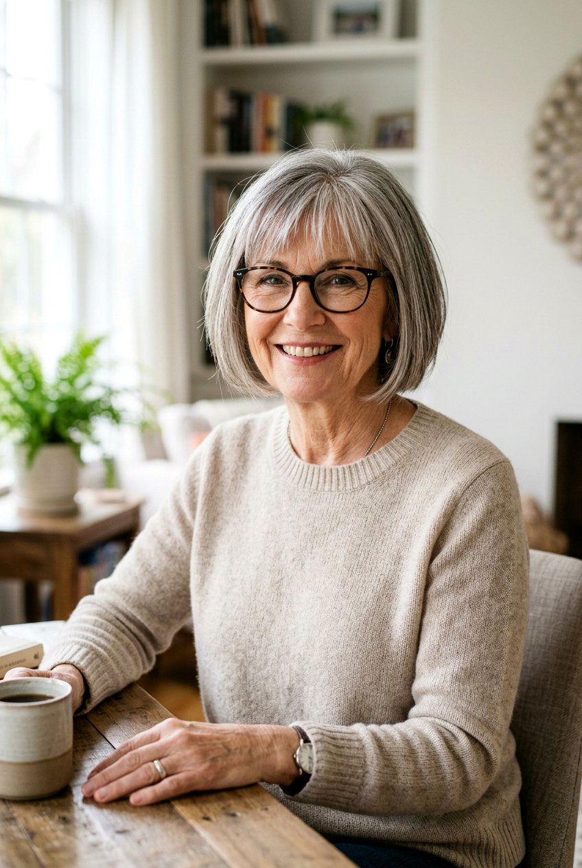 Chin length bob with bangs - 20 hairstyles for women with glasses over 60 - 20 hairstyles for women with glasses over 60