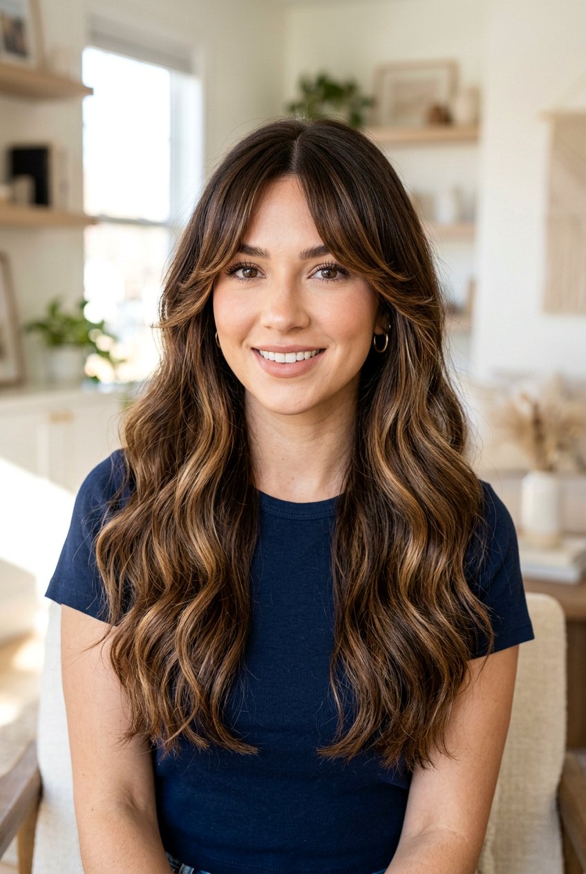 Chocolate Brown Balayage with Curtain Bangs - 20 chocolate brown balayage - 20 chocolate brown balayage