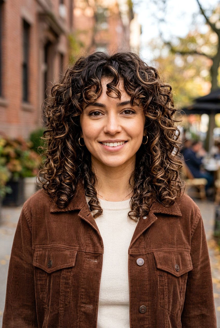 Chocolate Brown Curly Shag With Highlights - 20 hair color ideas for curly shags - 20 hair color ideas for curly shags