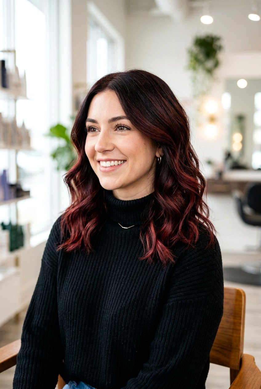 Chocolate Cherry Balayage Wavy Lob - 20 natural looking balayage for brunettes - 20 natural looking balayage for brunettes