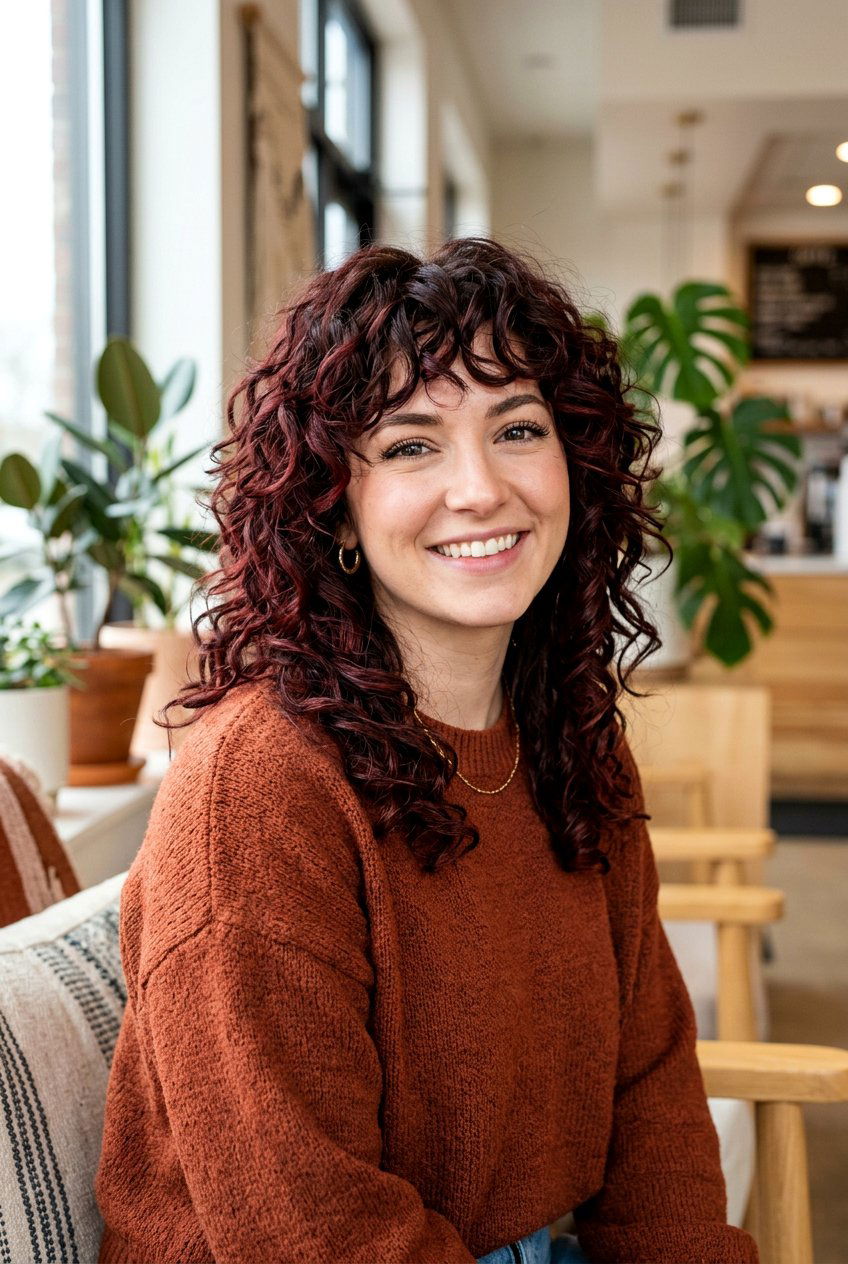 Chocolate Cherry Curly Shag - 20 hair color ideas for curly shags - 20 hair color ideas for curly shags