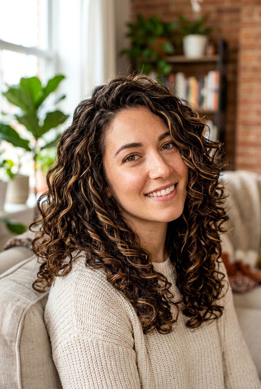 Chocolate brown curls with caramel highlights - 20 hair color ideas for curly hair - 20 hair color ideas for curly hair