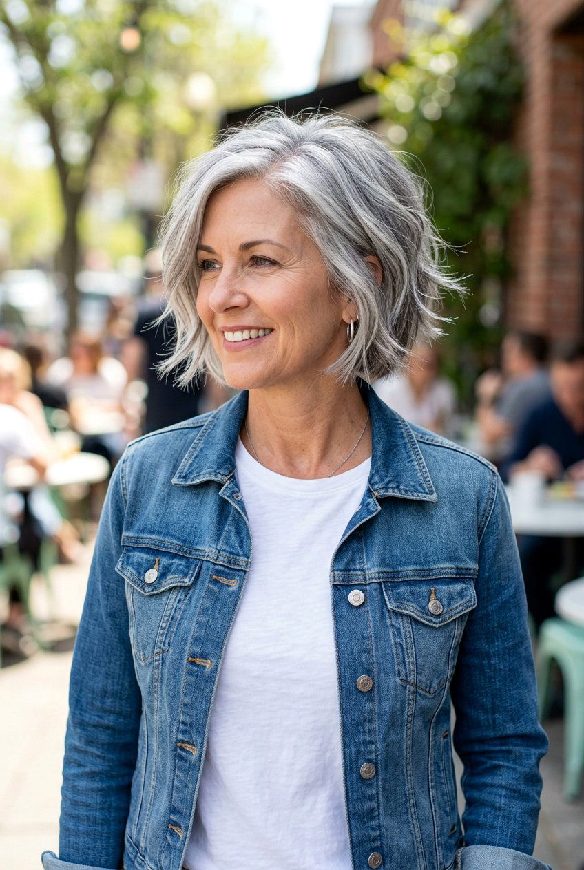 Choppy Bob Gray Blending - 20 gray blending bob with highlights - 20 gray blending bob with highlights