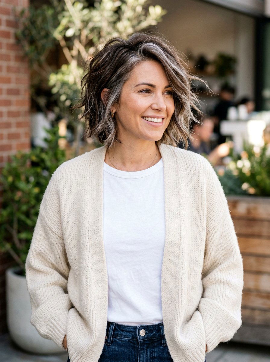 Choppy Brunette Bob With Silver Pieces - 20 winter brunette with cool highlights - 20 winter brunette with cool highlights