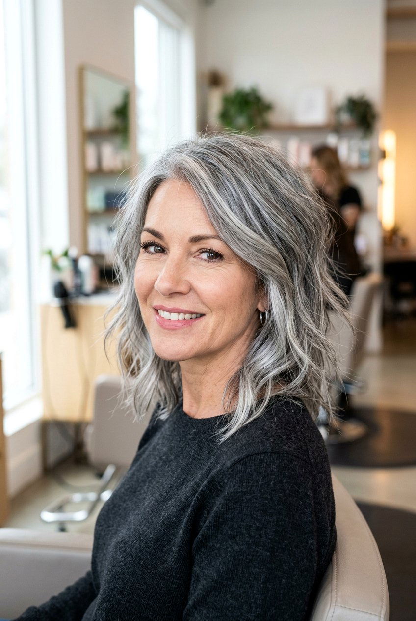 Choppy Gray Lob Haircut - 20 transition to gray hair styles - 20 transition to gray hair styles